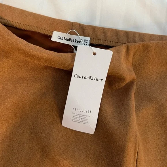 CantonWalker Womens Suede Elastic Waist Side Slit Mini Skirt Brown Medium NWT - Picture 3 of 5